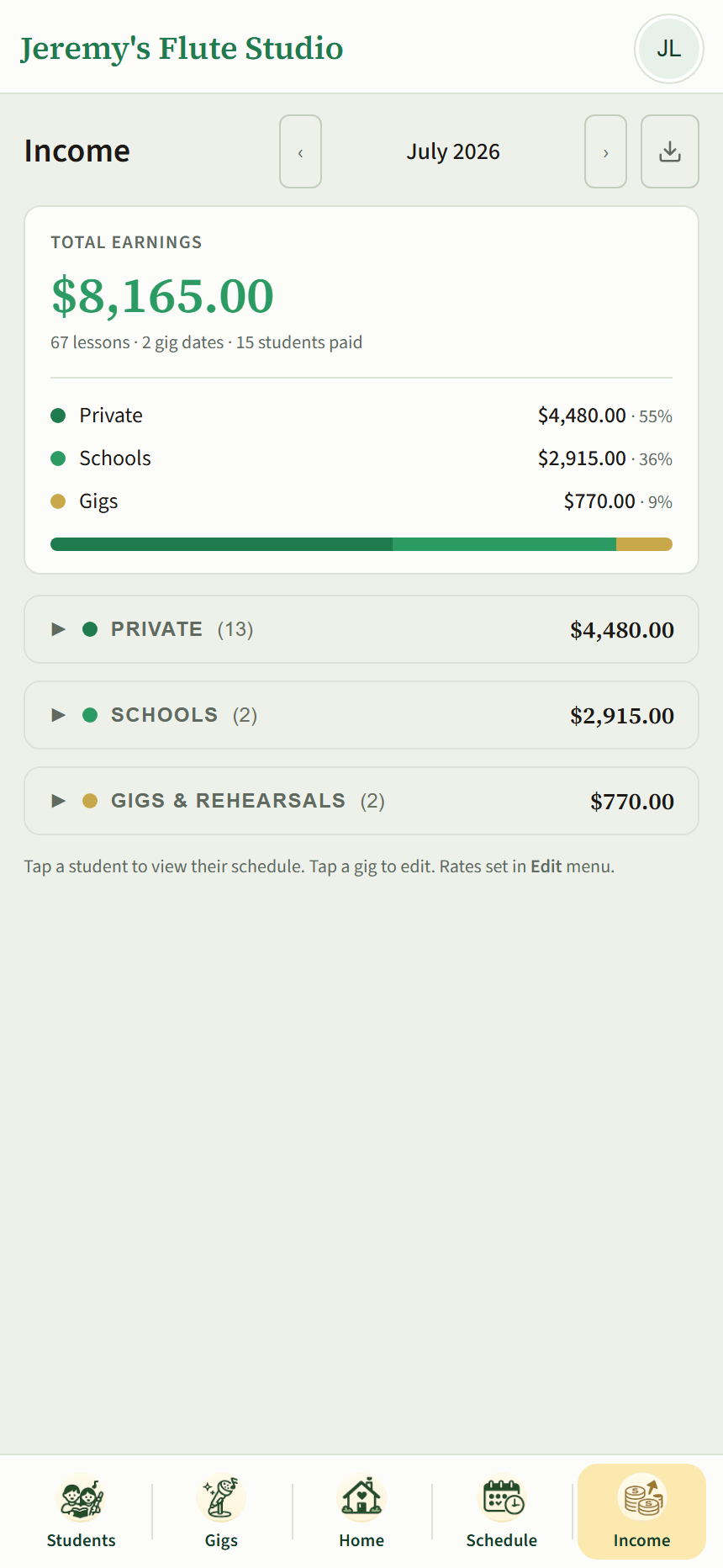 The Tracktice income screen