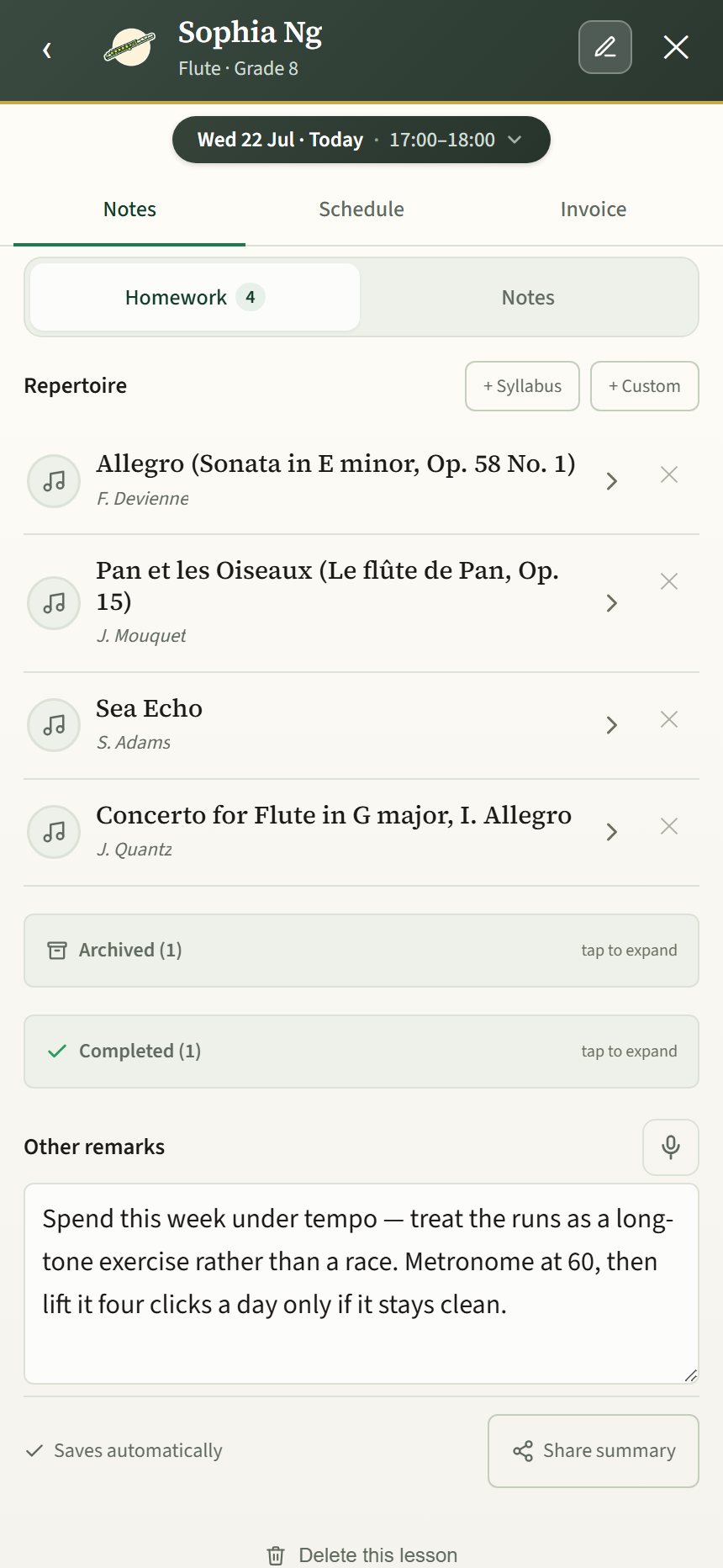 The Tracktice lesson notes screen