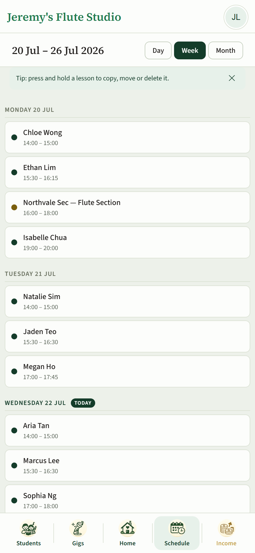 The Tracktice schedule screen